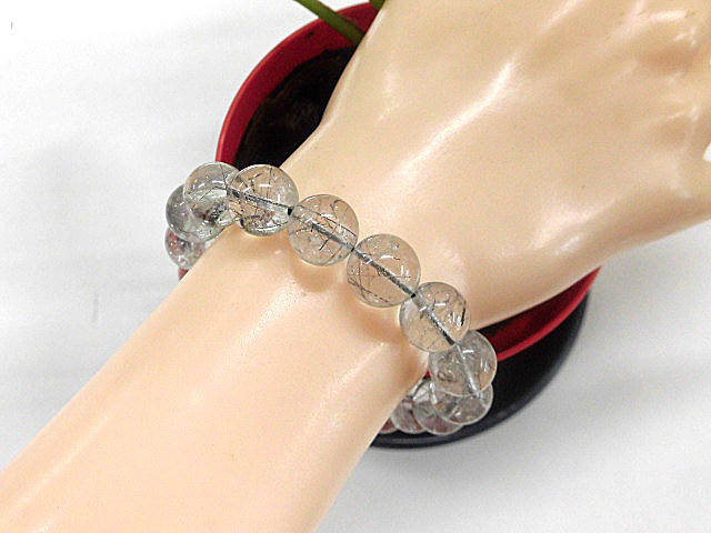 天然石 黒プラチナルチルクォーツ11.9～12.4mm玉ブレスレット 内周18.7cm　　240101374