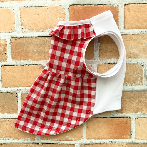 コールテンテディベア 赤チェック 犬服ハンドメイド 犬の洋服 犬