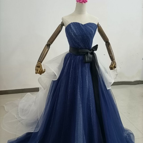 高品質！ カラードレス 紺/ネイビー キラキラチュール ベアトップ 豪華  