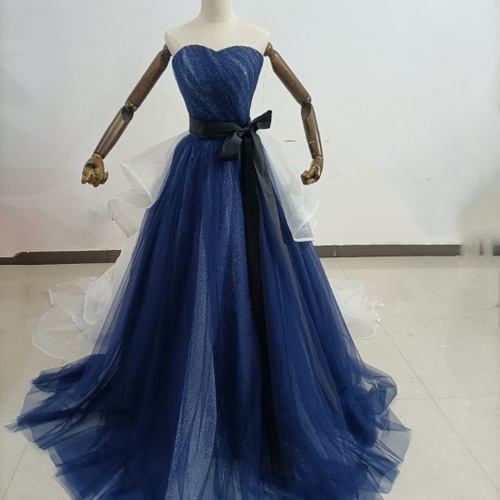 高品質！ カラードレス 紺/ネイビー キラキラチュール ベアトップ 豪華