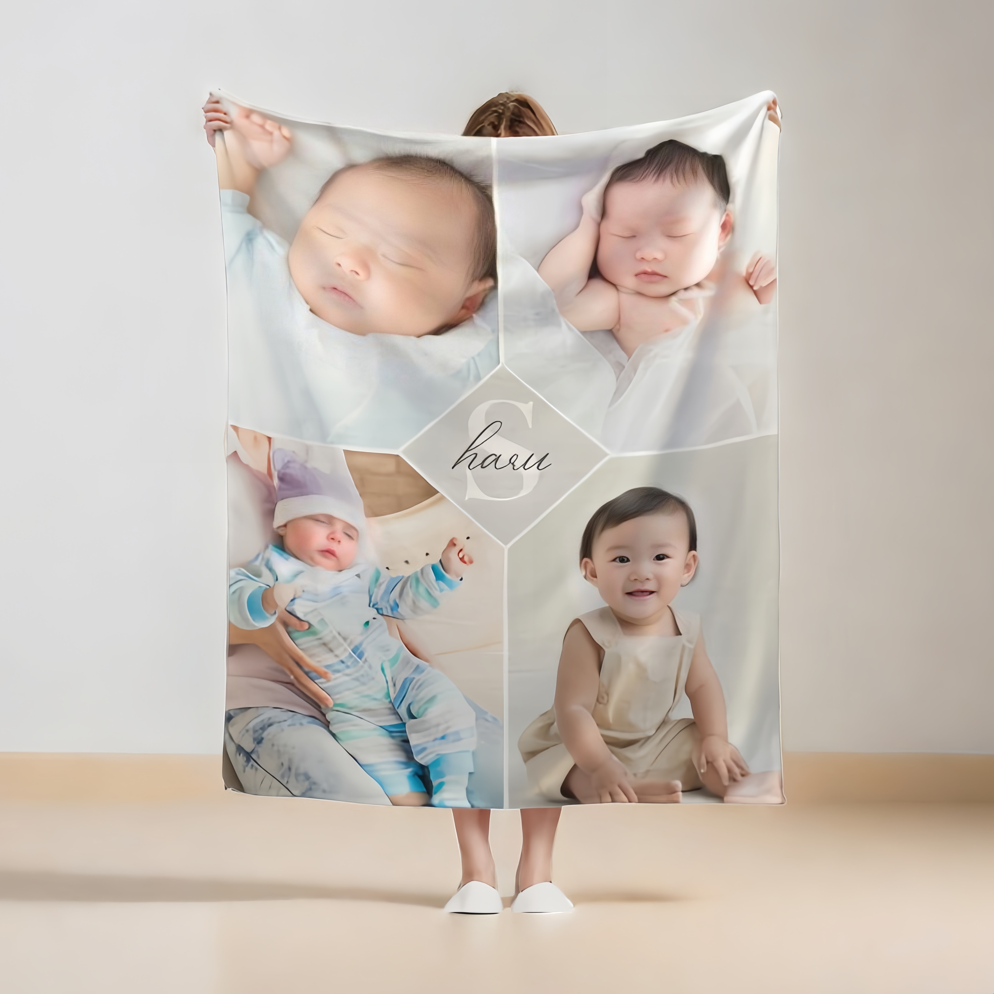 ふわふわ｜名入れブランケット　オーダーメイド毛布｜四枚写真で作るオリジナルブランケット｜出産祝い　誕生日ギフト