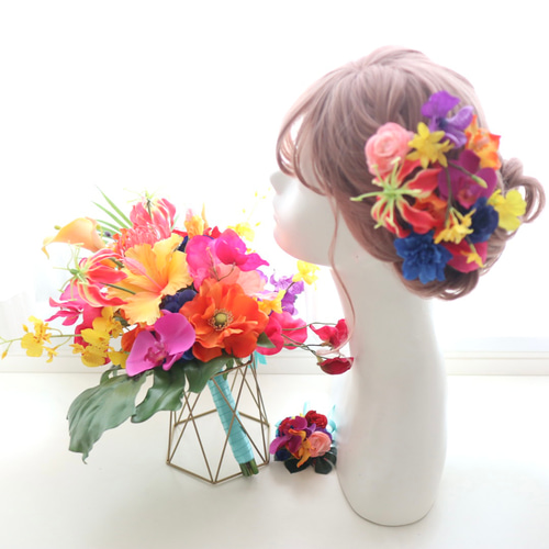 ウェディングブーケ　アーティフィシャルフラワー　ハイビスカス　リゾート ハイビスカスのウェディングブーケ ピンク アーティフィシャルフラワー