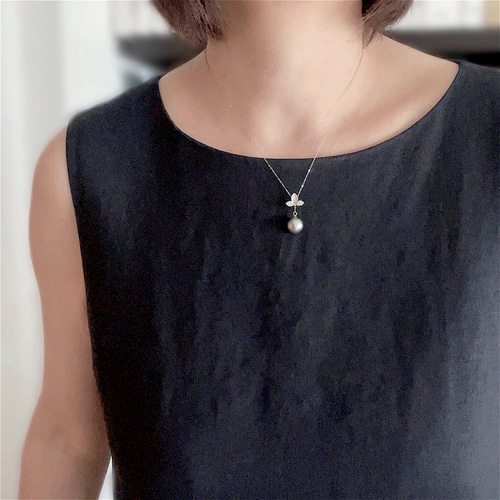 天然タヒチパール 黒蝶真珠 スリーリーブス 葉っぱのペンダント  