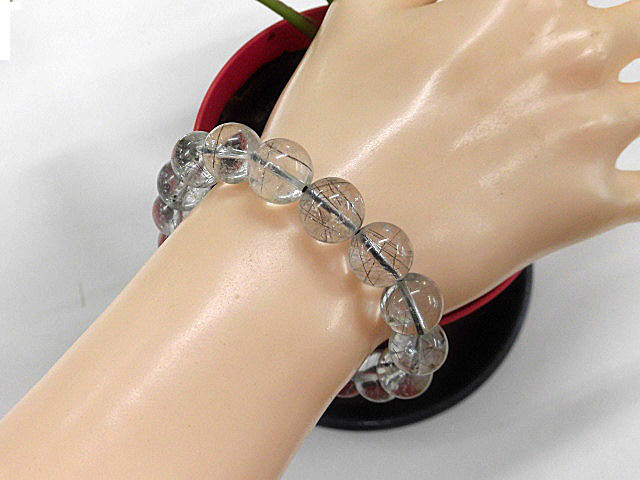 天然石 黒プラチナルチルクォーツ11.9～12.4mm玉ブレスレット 内周18.7cm　　240101375