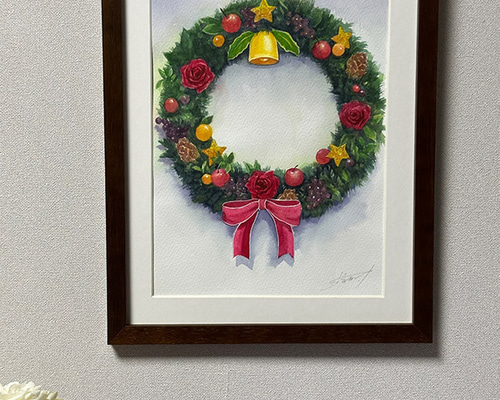 水彩アート「クリスマスリース」１点物、手描き、真筆。 c08b69c26ee033f23d6027986b35bd