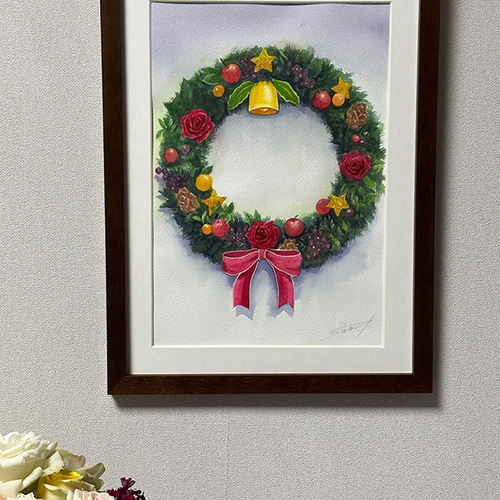水彩アート「クリスマスリース」手描き原画、1点物。送料無料