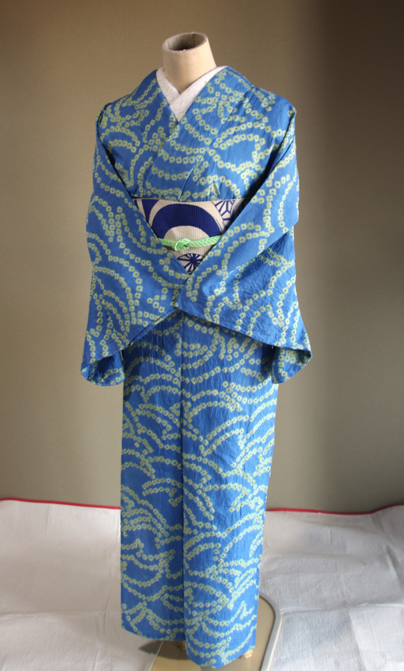 ◇現代 有松鳴海絞　浴衣◇【水色と新緑】珍しい涼し気なパターン柄が年齢を問わずおすすめ　裄71ｃｍトールサイズ木綿浴衣　 2枚目の画像