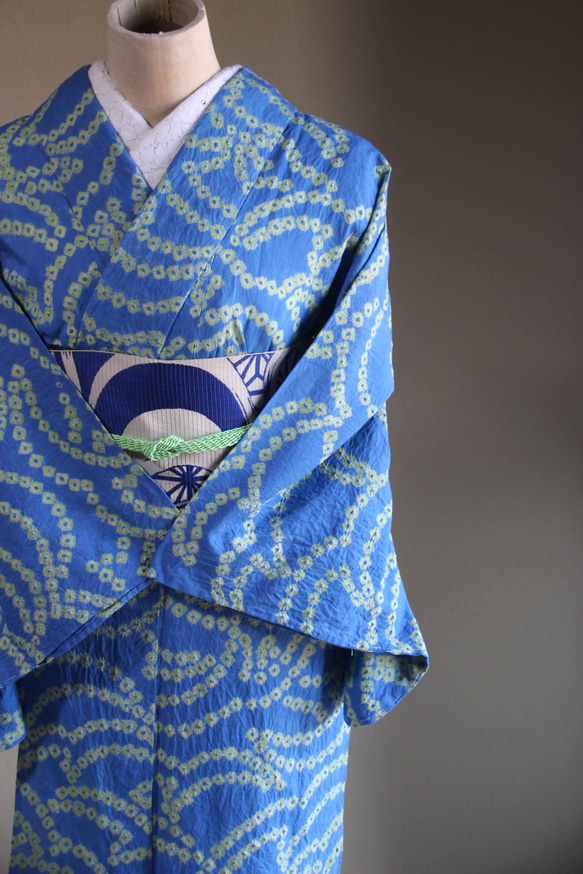 ◇現代 有松鳴海絞　浴衣◇【水色と新緑】珍しい涼し気なパターン柄が年齢を問わずおすすめ　裄71ｃｍトールサイズ木綿浴衣　 16枚目の画像