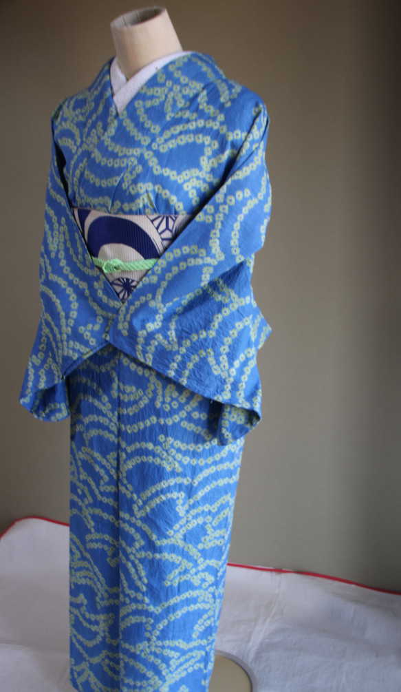 ◇現代 有松鳴海絞　浴衣◇【水色と新緑】珍しい涼し気なパターン柄が年齢を問わずおすすめ　裄71ｃｍトールサイズ木綿浴衣　 10枚目の画像