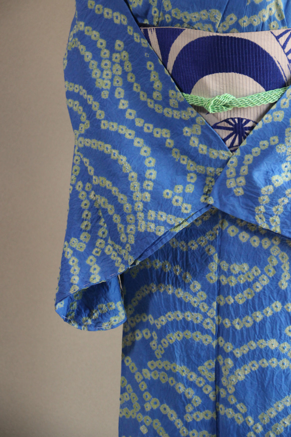 ◇現代 有松鳴海絞　浴衣◇【水色と新緑】珍しい涼し気なパターン柄が年齢を問わずおすすめ　裄71ｃｍトールサイズ木綿浴衣　 5枚目の画像