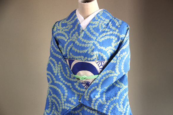 ◇現代 有松鳴海絞　浴衣◇【水色と新緑】珍しい涼し気なパターン柄が年齢を問わずおすすめ　裄71ｃｍトールサイズ木綿浴衣　 4枚目の画像