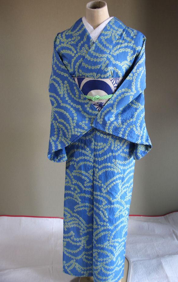 ◇現代 有松鳴海絞　浴衣◇【水色と新緑】珍しい涼し気なパターン柄が年齢を問わずおすすめ　裄71ｃｍトールサイズ木綿浴衣　 17枚目の画像