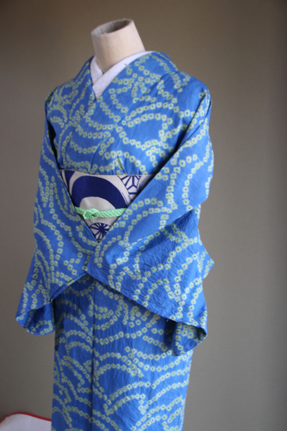 ◇現代 有松鳴海絞　浴衣◇【水色と新緑】珍しい涼し気なパターン柄が年齢を問わずおすすめ　裄71ｃｍトールサイズ木綿浴衣　 11枚目の画像