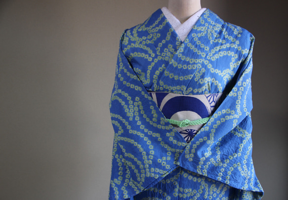 ◇現代 有松鳴海絞　浴衣◇【水色と新緑】珍しい涼し気なパターン柄が年齢を問わずおすすめ　裄71ｃｍトールサイズ木綿浴衣　 13枚目の画像