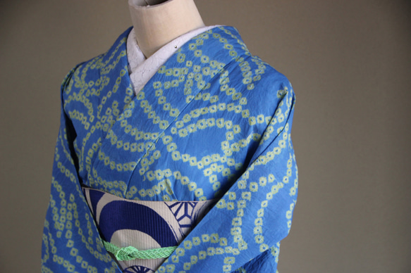 ◇現代 有松鳴海絞　浴衣◇【水色と新緑】珍しい涼し気なパターン柄が年齢を問わずおすすめ　裄71ｃｍトールサイズ木綿浴衣　 8枚目の画像