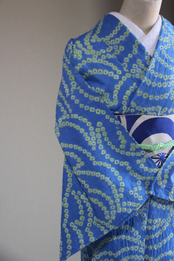 ◇現代 有松鳴海絞　浴衣◇【水色と新緑】珍しい涼し気なパターン柄が年齢を問わずおすすめ　裄71ｃｍトールサイズ木綿浴衣　 3枚目の画像