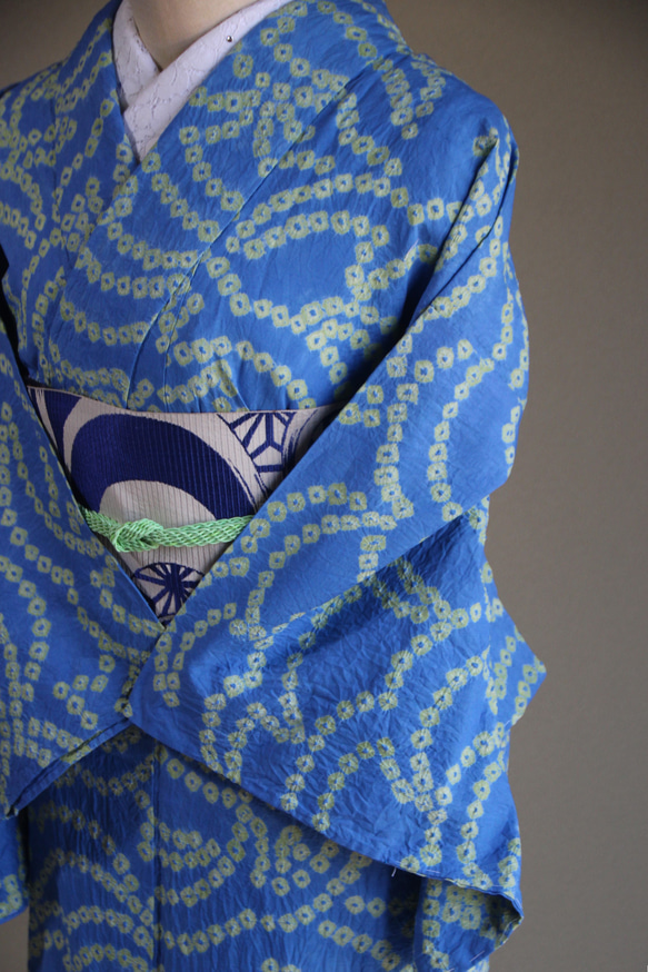 ◇現代 有松鳴海絞　浴衣◇【水色と新緑】珍しい涼し気なパターン柄が年齢を問わずおすすめ　裄71ｃｍトールサイズ木綿浴衣　 9枚目の画像