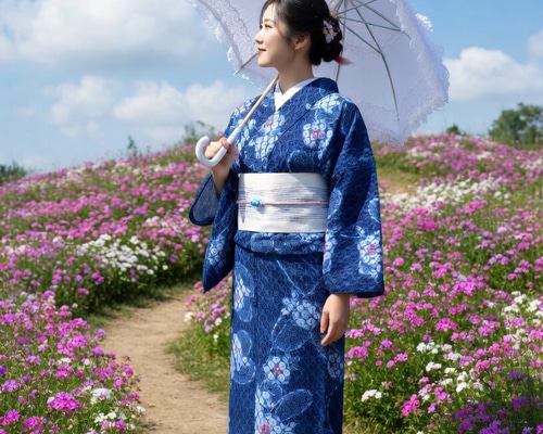 ◇絞りと染めの2重技法 浴衣◇【濃紺】希少柄 籠目の向こうに水盆の花