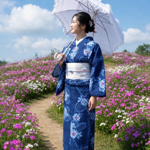浴衣　青　紺色　花柄　新品　仕付け糸つき ◇絞りと染めの2重技法 浴衣◇【濃紺】希少柄 籠目の向こうに水盆の花