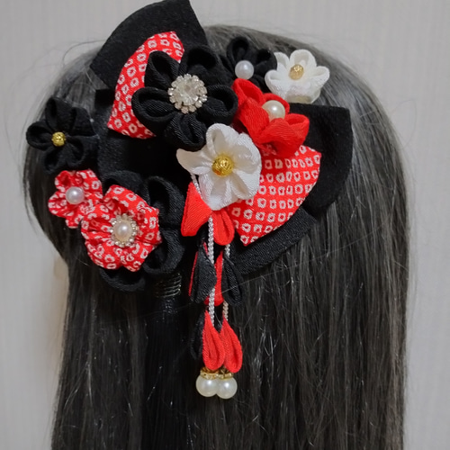 盛り髪リボン 赤＋黒小花＋赤チュール•ミニ黒リボン＋サイドレース⑤ 5点