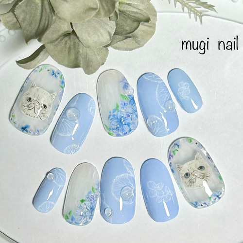 ネイルチップ❁⃘紫陽花・エキゾチックショートヘア ネイルチップ  