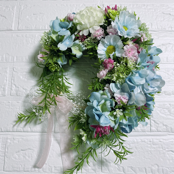 さわやかグリーンリース*⁠.⁠✧　玄関リース　造花リース 緑の風がそよぐウェルカムグリーンリース（fw169-1-new）＊玄関