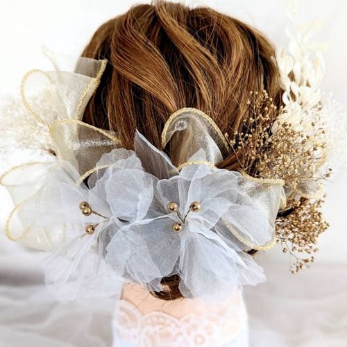 シフォンフラワー × リボン 髪飾り【 成人式 ウェディング 前撮り 振袖