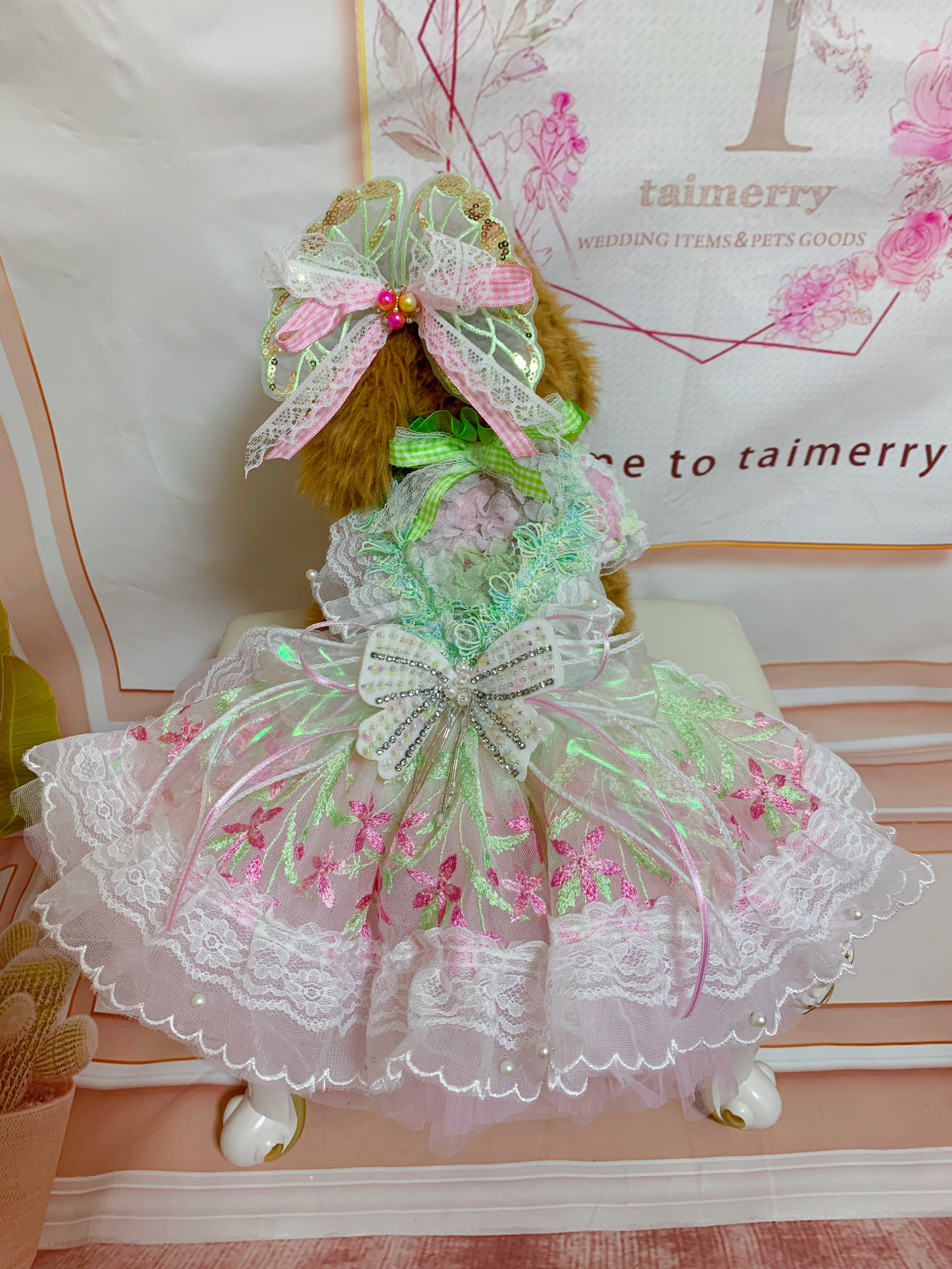 犬猫うさちゃん服　ふんわりレースのお花ワンピース