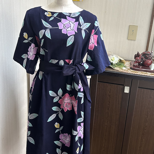 浴衣 薔薇の花 ハイウエストワンピース フレア5分袖 リボンベルト付き 