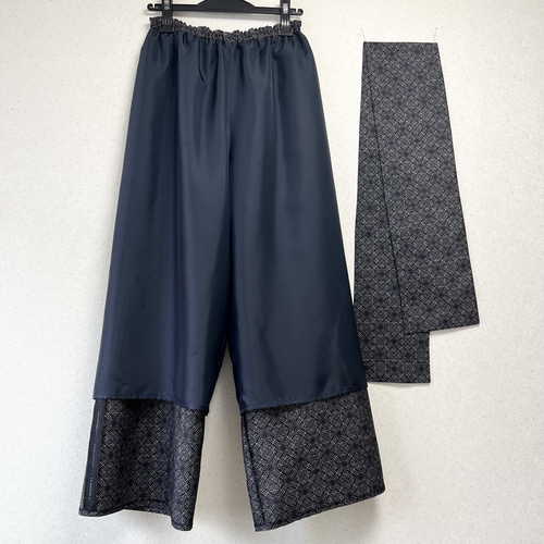 大島紬＊紫入り幾何学ワイドパンツ＋ストール＊裏地付き＊着物リメイク