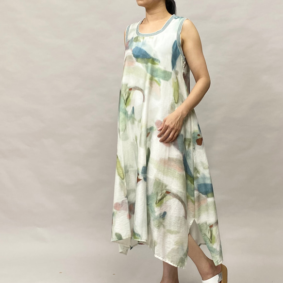 SALE 総柄プリント ノースリーブ ワンピース ロング丈 レディース Aライン Yoshi Yoshi ヨシヨシ Yoshi ヨシヨシ SALE ノースリーブ ワンピース ロング丈 レディース Aライン 送料無料 カラフル モノトーン サイズcm by pj 吉村ニット Bell