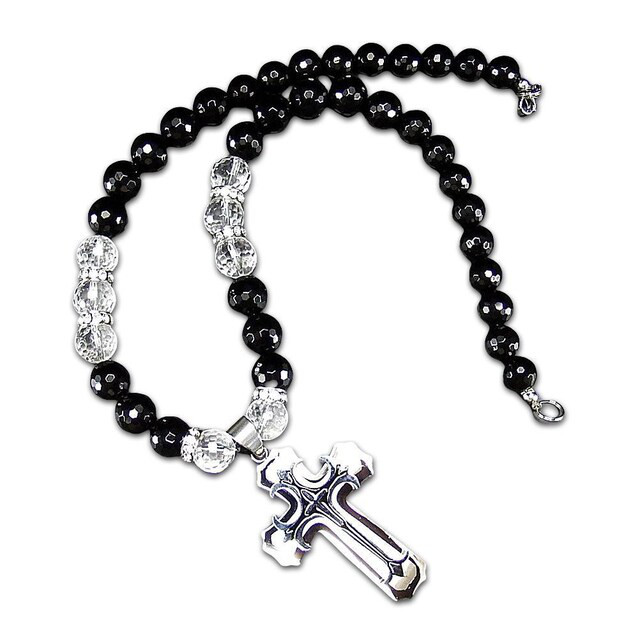 欧風クロスステンレス十字架オニキス水晶12mm天然石ネックレスゴージャスメンズ