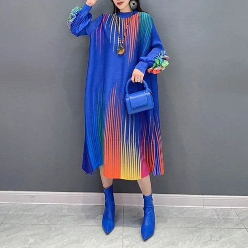 ワンピース カラフル プリーツドレス 立体的 花 ビビッド 青