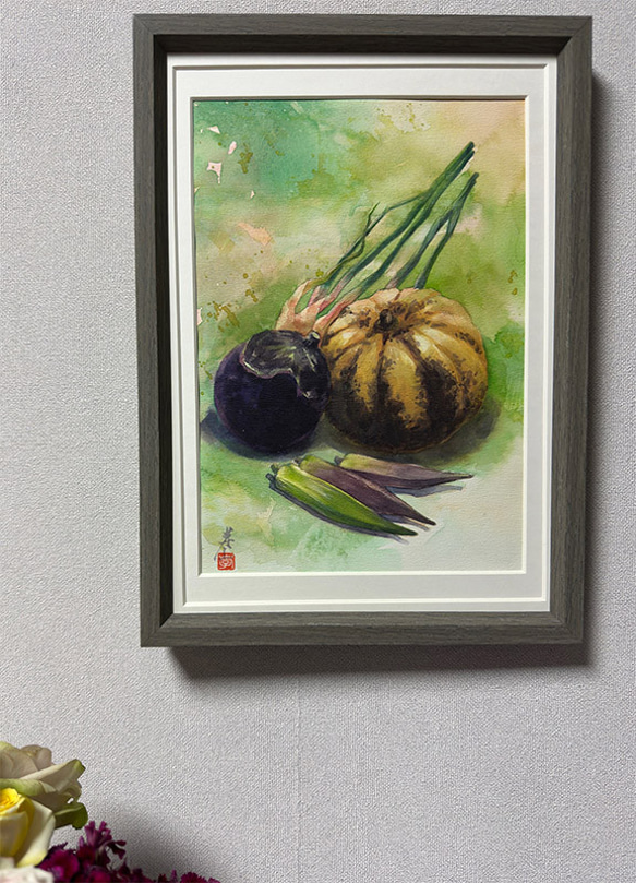 水彩アート「夏野菜 涼」手描き原画、1点物。送料無料 水彩アート「夏野菜 涼」手描き原画、1点物。送料無料