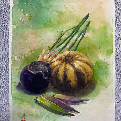 水彩アート「夏野菜 Ⅰ」1点物、手描き、真筆。 絵画