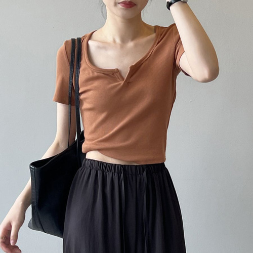 トップス Eyelet Rib Stitch Square-neck T-shirt Tシャツ 夏 半袖 スクエアネック レディース リブニット トップス