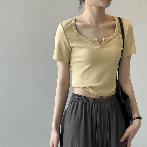 トップス Eyelet Rib Stitch Square-neck T-shirt Tシャツ 夏 半袖 スクエアネック レディース リブニット トップス