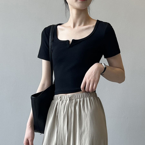 トップス Eyelet Rib Stitch Square-neck T-shirt Tシャツ 夏 半袖 スクエアネック レディース リブニット トップス