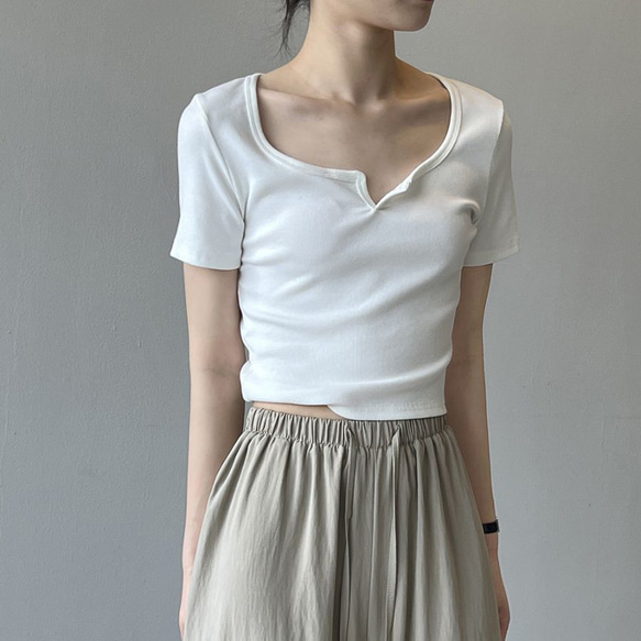 トップス Eyelet Rib Stitch Square-neck T-shirt Tシャツ 夏 半袖 スクエアネック レディース リブニット トップス