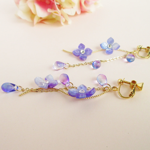 再販】あじさい＆ドロップ～Purple～ イヤリング ピアス 紫陽花