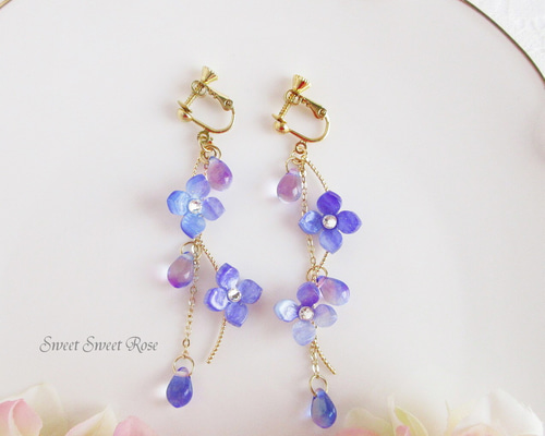 再販】あじさい＆ドロップ～Purple～ イヤリング ピアス 紫陽花 雫