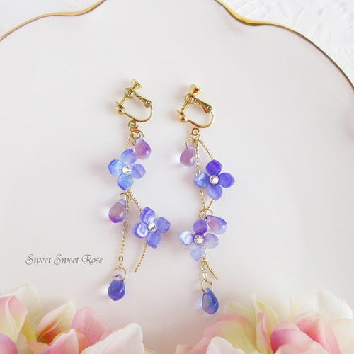 再販】あじさい＆ドロップ～Purple～ イヤリング ピアス 紫陽花 雫