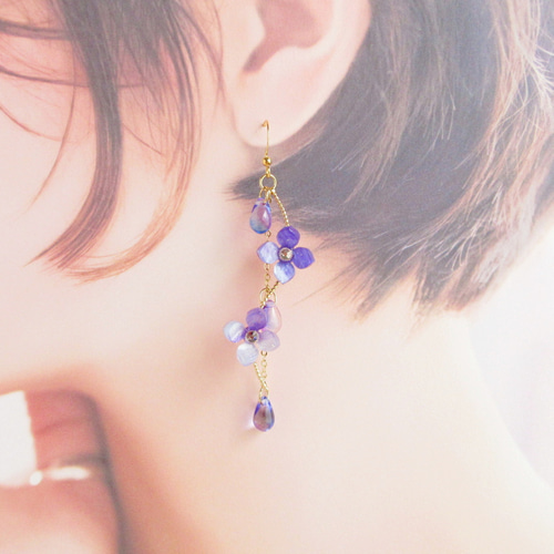 再販】あじさい＆ドロップ～Purple～ イヤリング ピアス 紫陽花