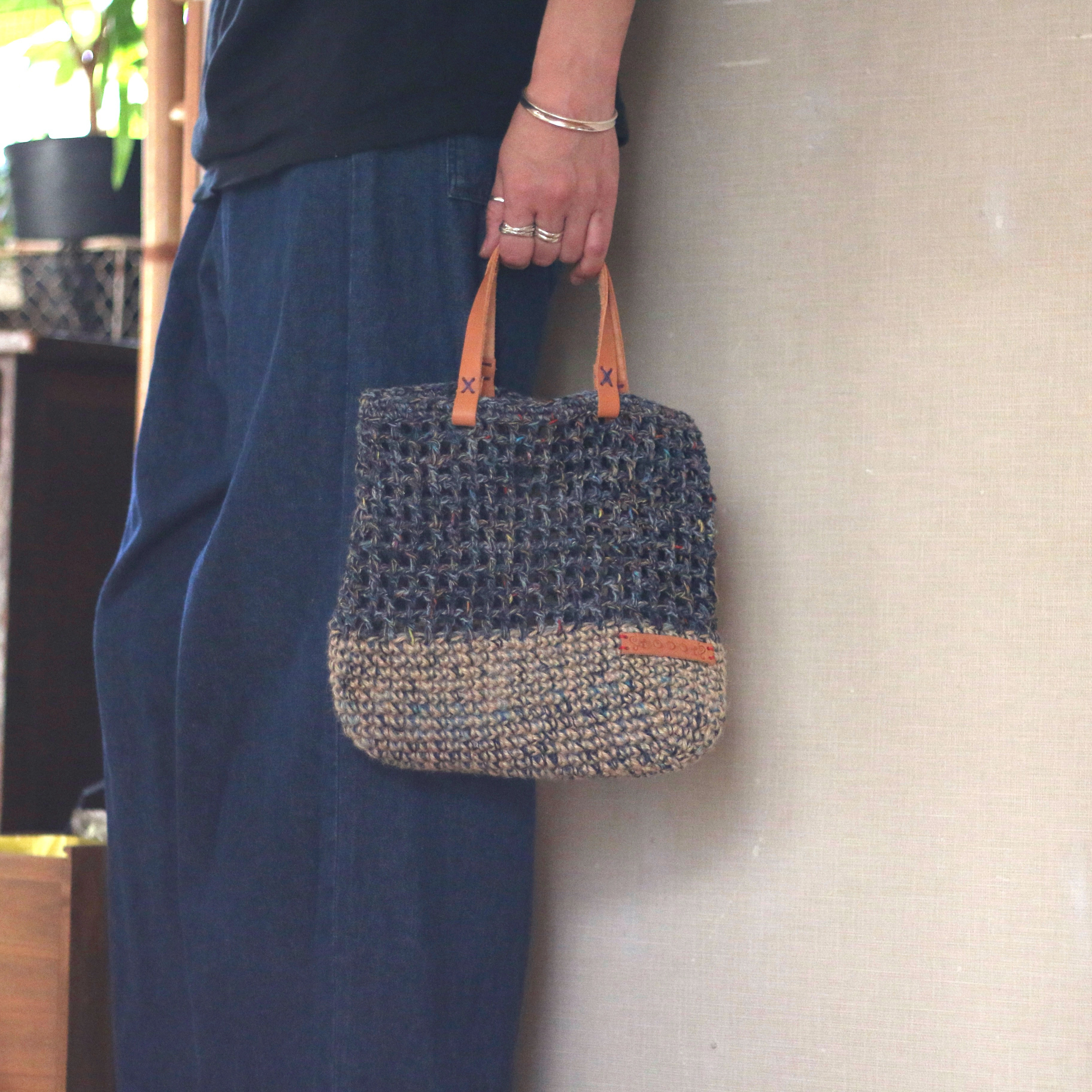 ♢ラミーミックス糸のメッシュバッグ♢デニムカラー♢