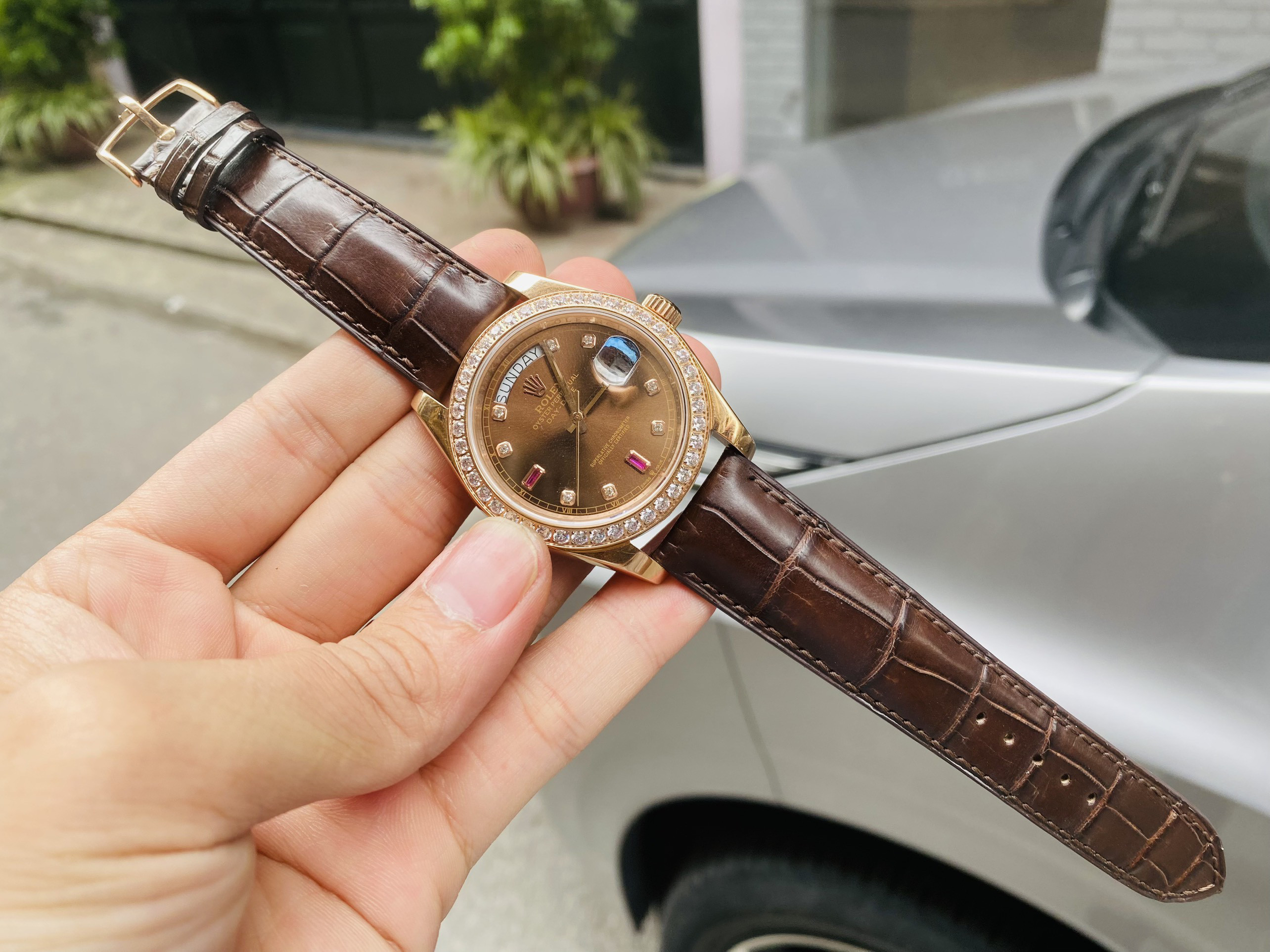 Rolex Day-date 時計用の手作りワニ革ストラップ (送料無料)