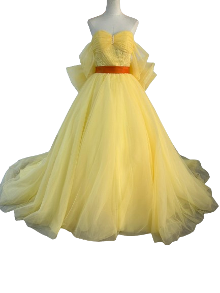 高品質！ ベアトップ カラードレス 薄イエロー プリンセスライン 2次会/披露宴 憧れのドレス