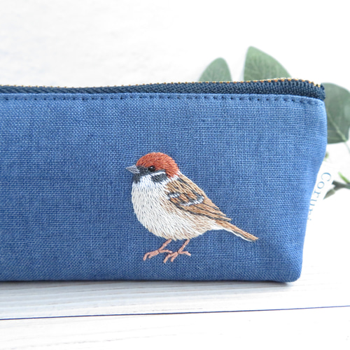 スズメの刺繍リネンペンケース【ネイビーブルー】 ペンケース Coruri