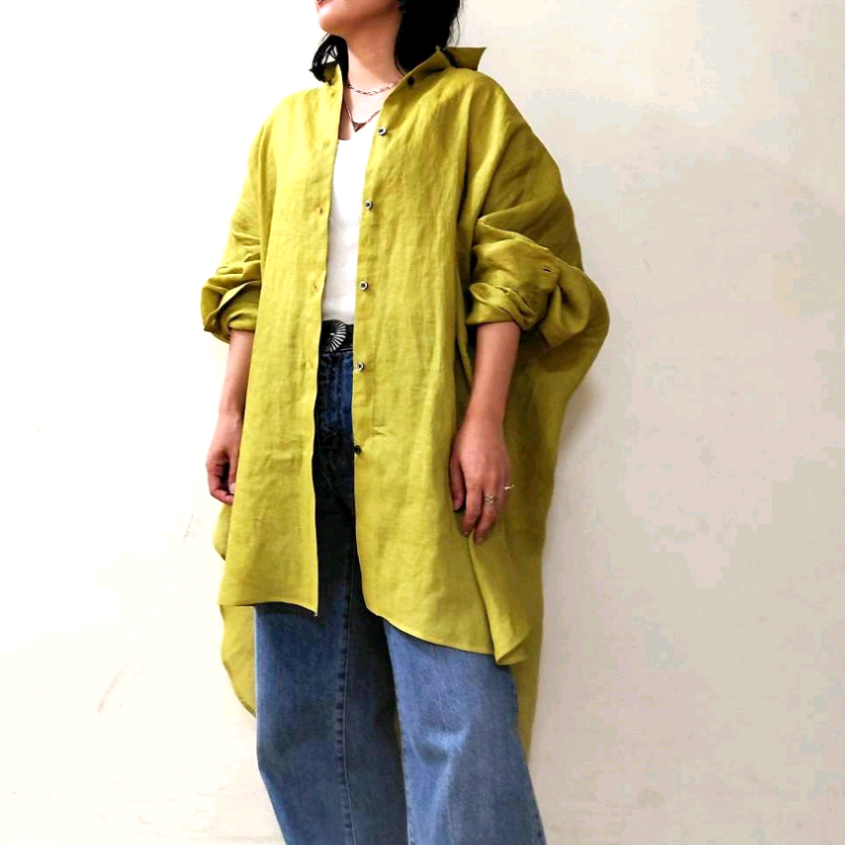 フランスリネン100% 麻　ゆったりシルエット　オーバーシャツ　濃いイエロー　日本製