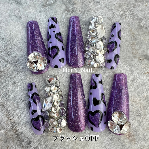 ギャルネイルチップ フラッシュ》パープルハートレオパードギャルネイルチップ ネイル