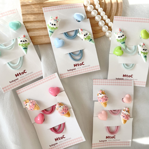 ねこアイスとハートのヘアゴム キッズ】子供 ヘアアクセサリー ねこ 夏  